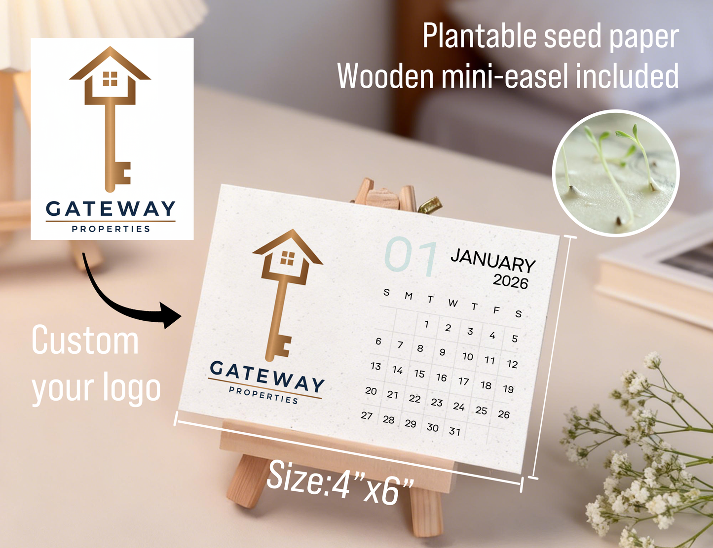 Personalized 2026 Business Desk Calendar with Logo, Plantable Wildflower Seed Paper Calendar
