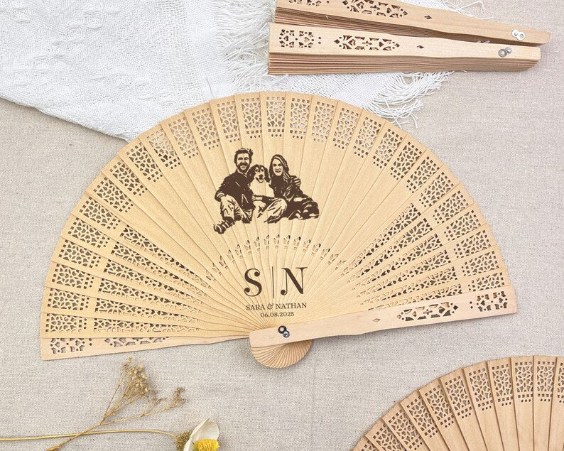 Personalized Photo on Wood Fans/Custom Engraved Rustic Wedding Fan Favors/Personalized Laser Engraved Wooden Photo Fans