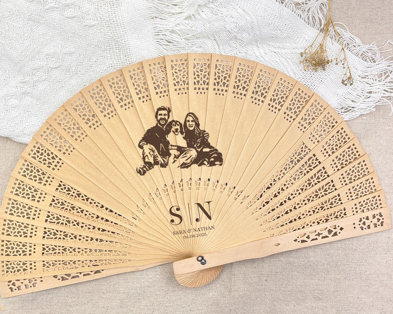 Personalized Photo on Wood Fans/Custom Engraved Rustic Wedding Fan Favors/Personalized Laser Engraved Wooden Photo Fans
