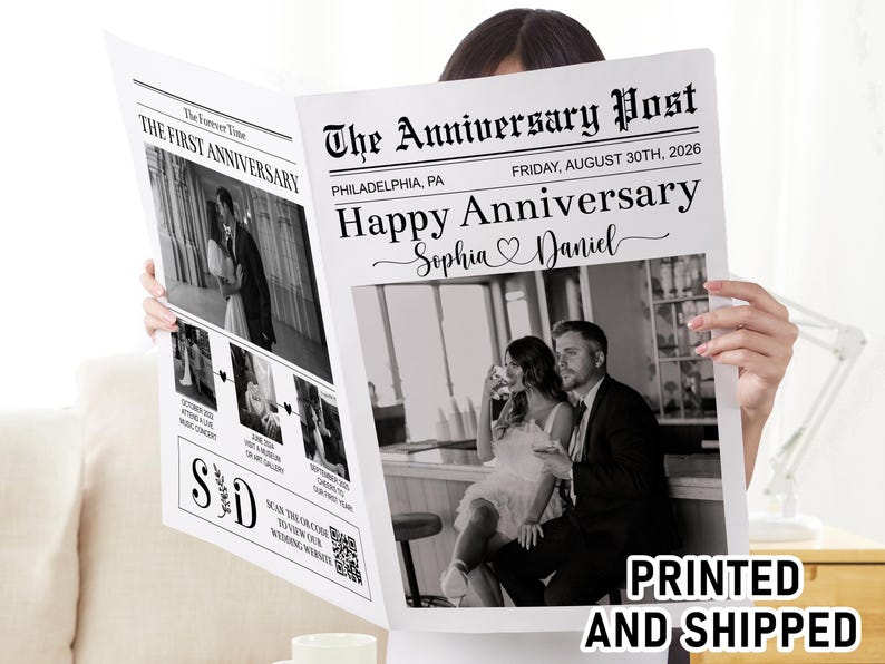 PRINTED Shipped Couple Happy Anniversary Newspaper/ANY YEAR Anniversary/Anniversary Gift For Wife and Husband/Wedding Anniversary Gift