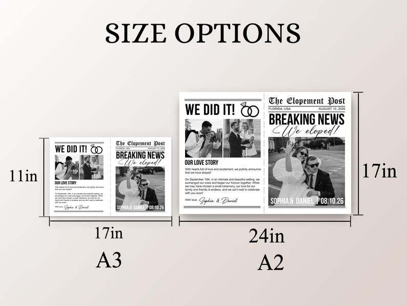 Printed Shipped Wedding Elopement Announcement Newspaper/We Eloped Announcement/Elopement Notice Wedding Announcement/Elope Invitation