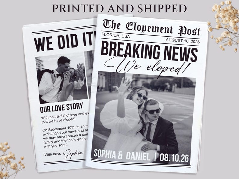 Printed Shipped Wedding Elopement Announcement Newspaper/We Eloped Announcement/Elopement Notice Wedding Announcement/Elope Invitation