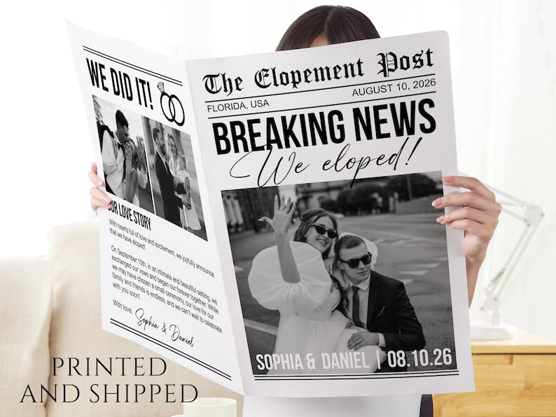 Printed Shipped Wedding Elopement Announcement Newspaper/We Eloped Announcement/Elopement Notice Wedding Announcement/Elope Invitation