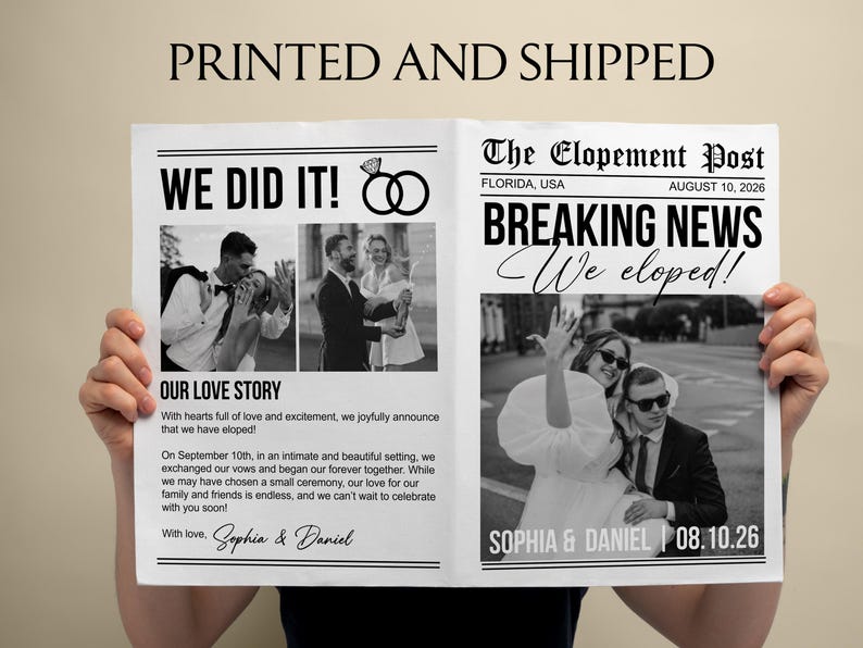 Printed Shipped Wedding Elopement Announcement Newspaper/We Eloped Announcement/Elopement Notice Wedding Announcement/Elope Invitation