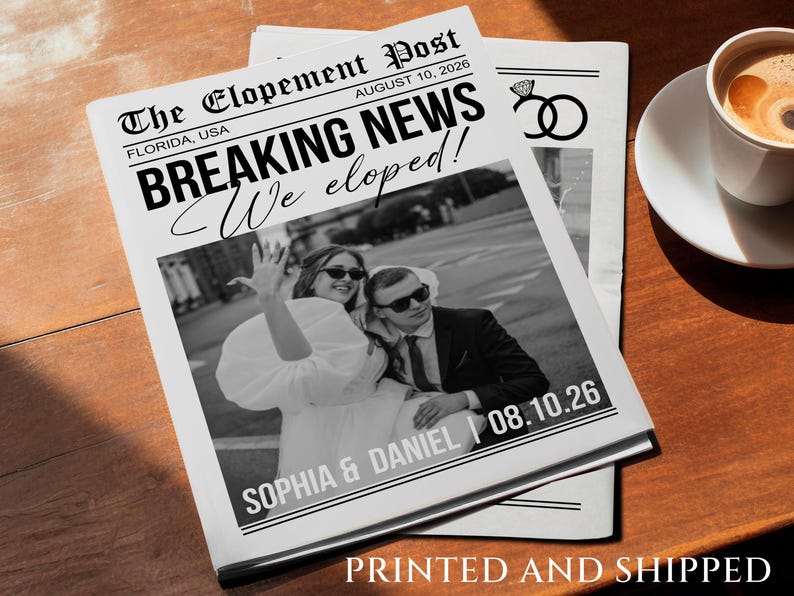 Printed Shipped Wedding Elopement Announcement Newspaper/We Eloped Announcement/Elopement Notice Wedding Announcement/Elope Invitation