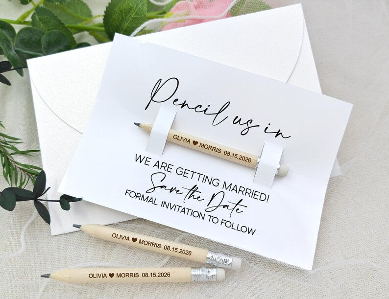 Pencil Us In Save The Date/Personalized Rustic Botanical Card/Wedding Invitation/Custom Wedding Favors For Guest/Wedding Stationery Pencils