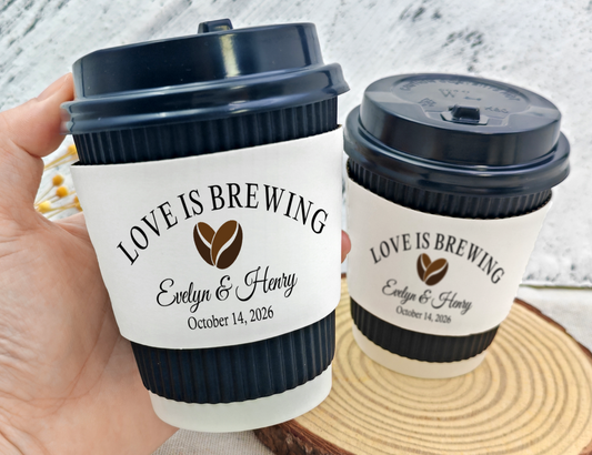 Love is Brewing Coffee Cups With Sleeves/Paper Coffee Cup Sleeves/Custom Coffee Cup Sleeves/Wedding Coffee Bar/Personalized Coffee Sleeves