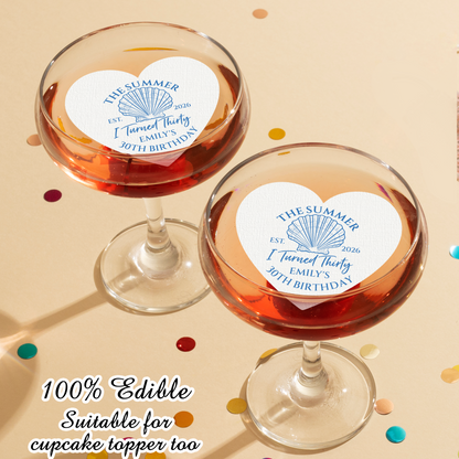 The Summer I turned Thirty Birthday Cocktail Toppers/ANY AGE Custom Birthday Drink Toppers/Beach Coastal Birthday Party Edible Decors