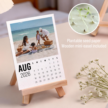 Personalized Plantable Seed Paper Calendar Desk Calendar 2026 with Photo: Vertical Display with Wood Stand