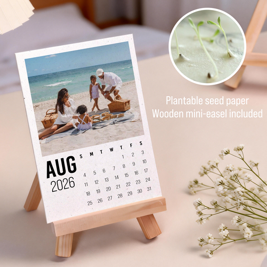 Personalized Plantable Seed Paper Calendar Desk Calendar 2026 with Photo: Vertical Display with Wood Stand