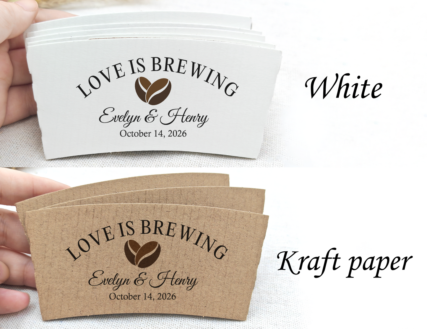 Love is Brewing Coffee Cups With Sleeves/Paper Coffee Cup Sleeves/Custom Coffee Cup Sleeves/Wedding Coffee Bar/Personalized Coffee Sleeves