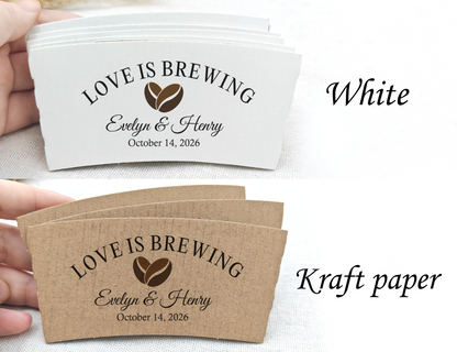 Love is Brewing Coffee Cups With Sleeves/Paper Coffee Cup Sleeves/Custom Coffee Cup Sleeves/Wedding Coffee Bar/Personalized Coffee Sleeves