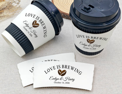 Love is Brewing Coffee Cups With Sleeves/Paper Coffee Cup Sleeves/Custom Coffee Cup Sleeves/Wedding Coffee Bar/Personalized Coffee Sleeves