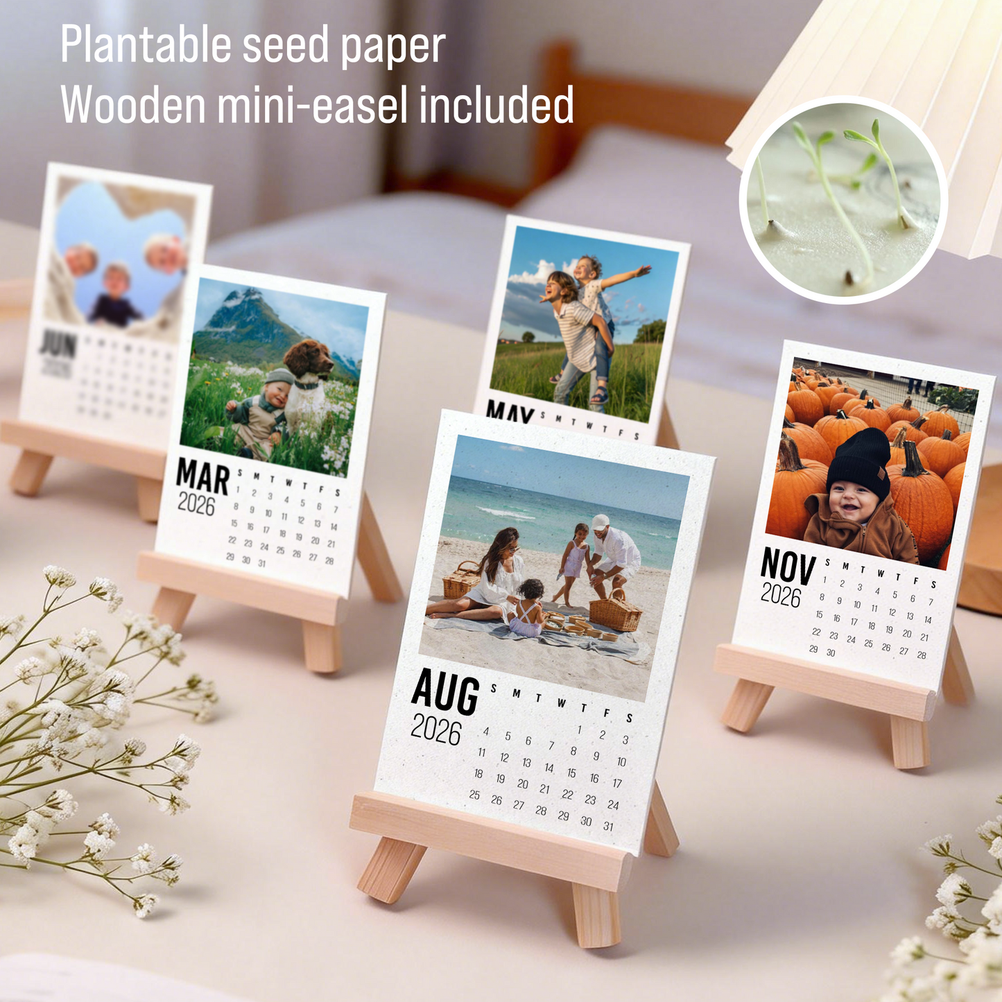 Personalized Plantable Seed Paper Calendar Desk Calendar 2026 with Photo: Vertical Display with Wood Stand
