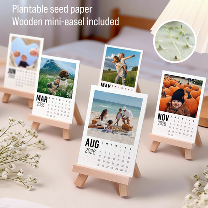 Personalized Plantable Seed Paper Calendar Desk Calendar 2026 with Photo: Vertical Display with Wood Stand