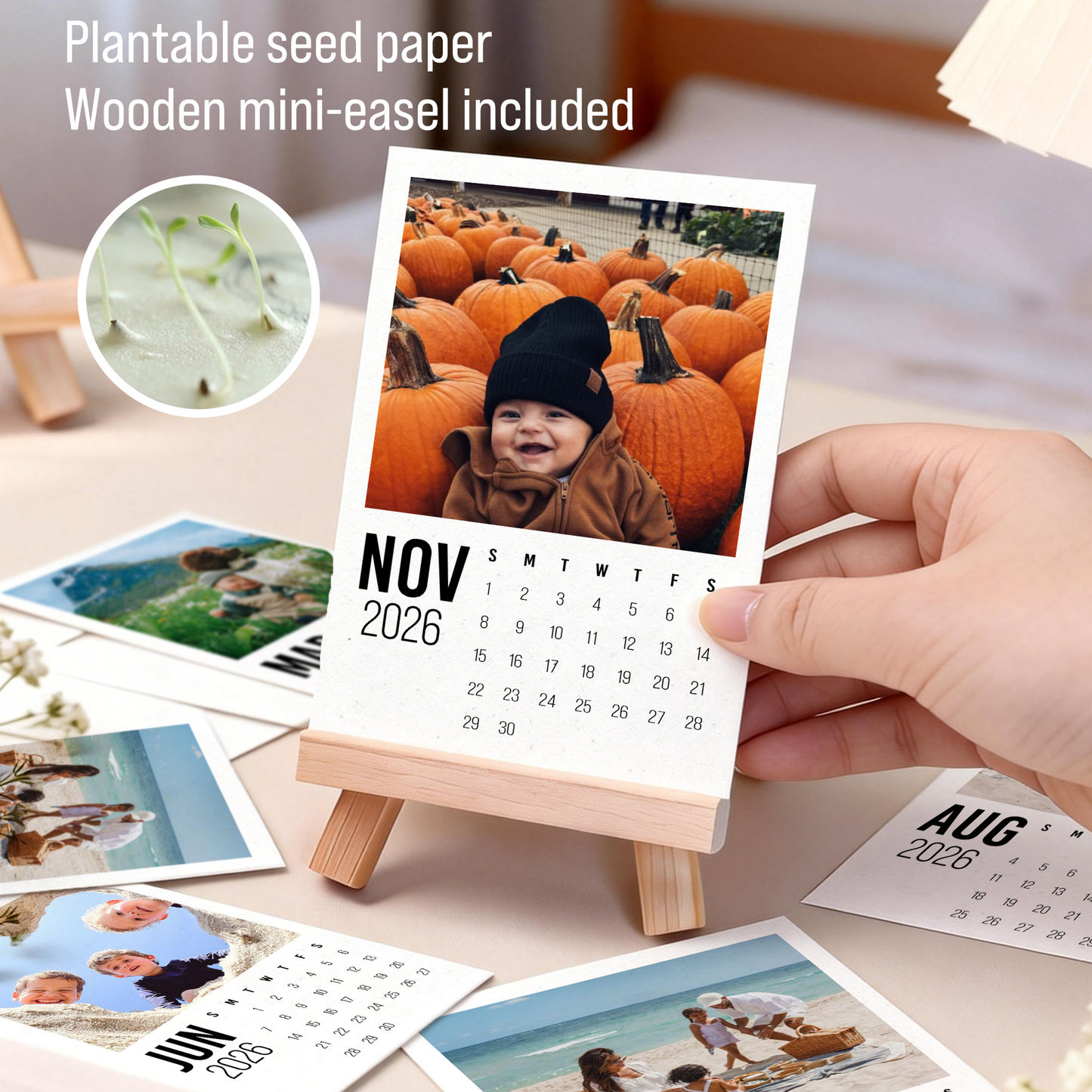 Personalized Plantable Seed Paper Calendar Desk Calendar 2026 with Photo: Vertical Display with Wood Stand