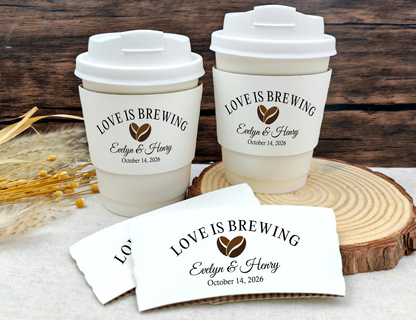 Love is Brewing Coffee Cups With Sleeves/Paper Coffee Cup Sleeves/Custom Coffee Cup Sleeves/Wedding Coffee Bar/Personalized Coffee Sleeves