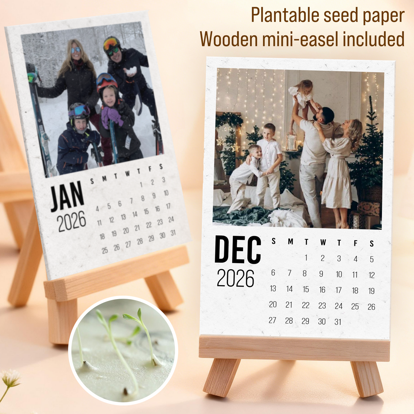 Personalized Plantable Seed Paper Calendar Desk Calendar 2026 with Photo: Vertical Display with Wood Stand