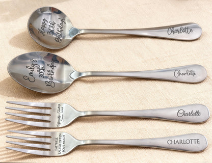 Custom Engraved Stainless Steel Spoons & Fork/Personalized Ice Cream Spoon Gift/Birthday Gift/Anniversary Gift/Engraved Custom Spoon or Fork