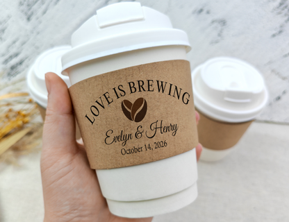 Love is Brewing Coffee Cups With Sleeves/Paper Coffee Cup Sleeves/Custom Coffee Cup Sleeves/Wedding Coffee Bar/Personalized Coffee Sleeves