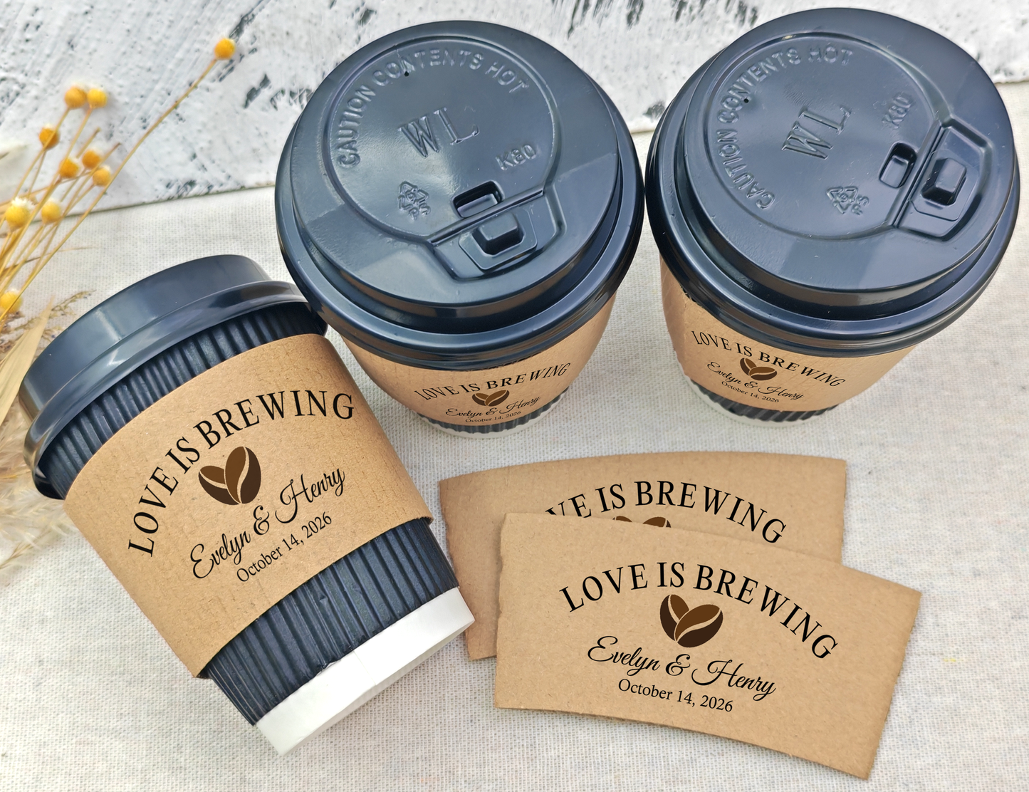 Love is Brewing Coffee Cups With Sleeves/Paper Coffee Cup Sleeves/Custom Coffee Cup Sleeves/Wedding Coffee Bar/Personalized Coffee Sleeves