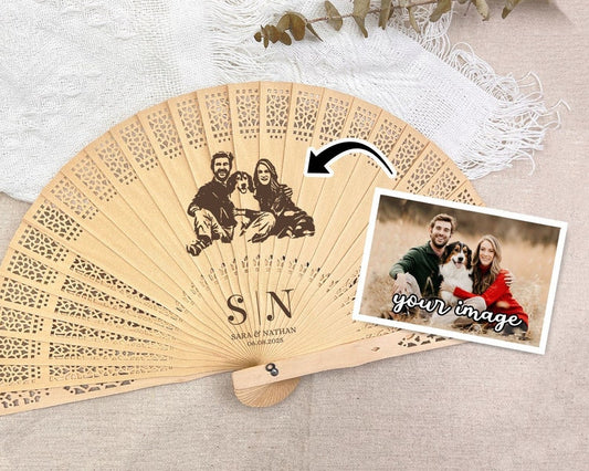 Personalized Photo on Wood Fans/Custom Engraved Rustic Wedding Fan Favors/Personalized Laser Engraved Wooden Photo Fans