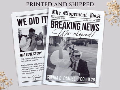 Printed Shipped Wedding Elopement Announcement Newspaper/We Eloped Announcement/Elopement Notice Wedding Announcement/Elope Invitation