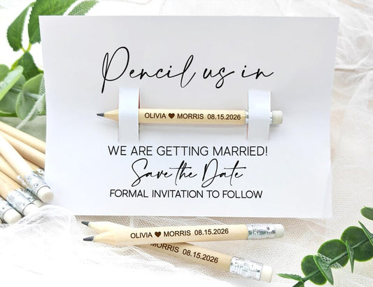 Pencil Us In Save The Date/Personalized Rustic Botanical Card/Wedding Invitation/Custom Wedding Favors For Guest/Wedding Stationery Pencils
